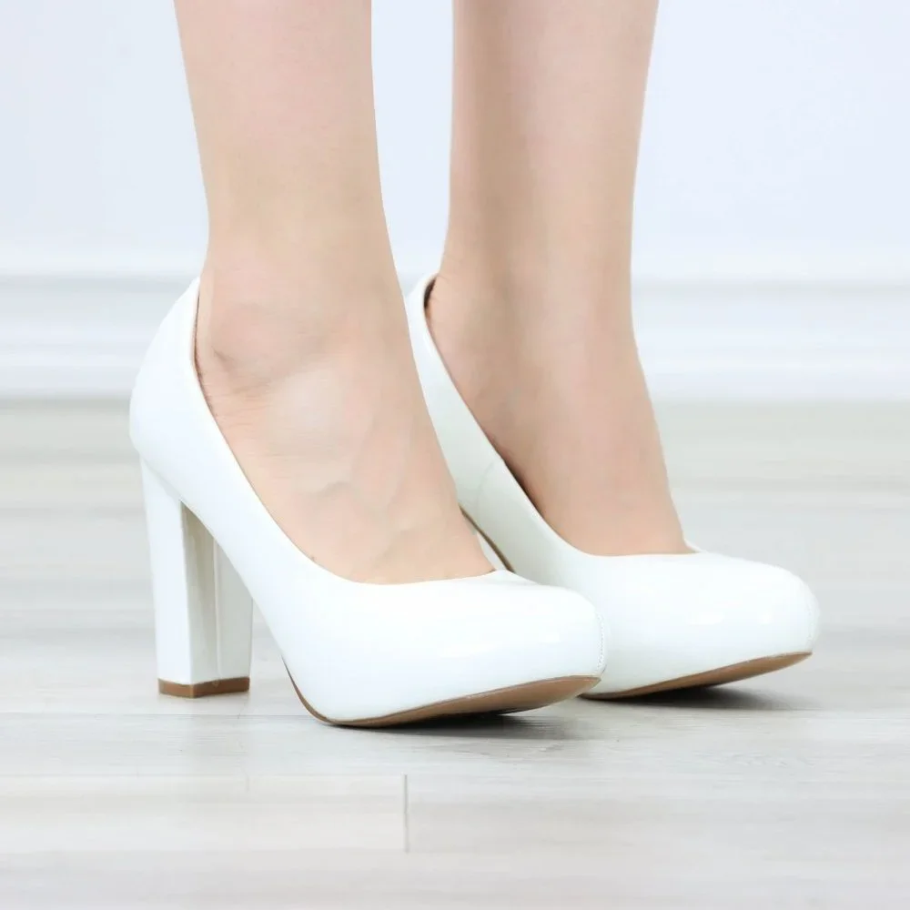 Classic White Patent Platform High Heels Slip On Round Toe Pumps - Picture 3 of 12